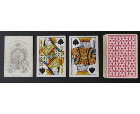 Goodall, England playing cards.  Old Frizzle ace. Standard double ended courts, unturned.  Pink geometric pattern backs. 52 c