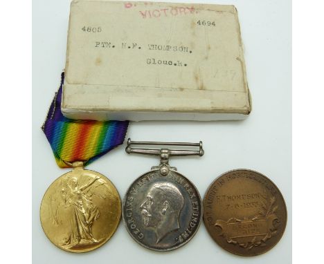 British Army WWI medals comprising War Medal and Victory Medal named to 4805 Pte H F Thompson Glosters/ Gloucestershire Regim