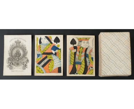 Hardy & Sons, England playing cards. Old Frizzle ace. Standard full length courts. Backs with blue/orange wavy lines. 52 card