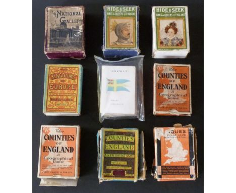 Nine Jaques playing card games including Counties of England, National Gallery, Hide & Seek etc