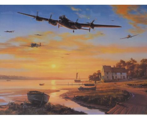 Three signed limited edition RAF Lancaster prints comprising NIcolas Trudgian Home at Dawn (339/500) signed by the artist and