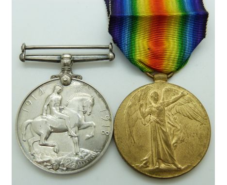 British Army WWI medals comprising War Medal&nbsp; and Victory Medal named to 28779 Pte A Gully Gloucestershire Regiment