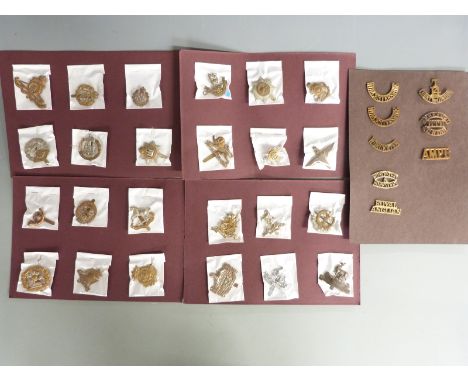 British Army collection of cap badges and shoulder titles including the Devonshire, Dorsetshire, Loyal North Lancashire, Here