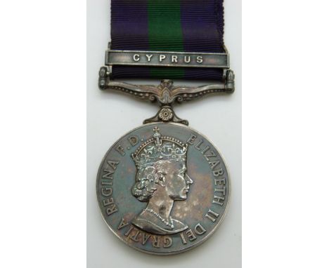 British Army General Service Medal with clasp for Cyprus named to 22099076 Fusilier T Stone Royal Welsh Fusiliers