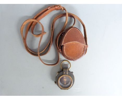 WWI prismatic compass by E Koehn, Geneve, Suisse, no 138714, dated 1918, broad arrow mark, with leather case dated 1918, stam