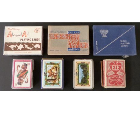 Ten packs of mainly souvenir type packs of playing cards including Aboriginal Art, Bible cards, East Africa souvenir etc
