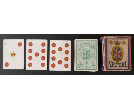 Possibly C.W. Faulkner England V.R.I. E.R.I. playing card game. Four sets of 13 cards. Suits of union flag, roses, thistles a