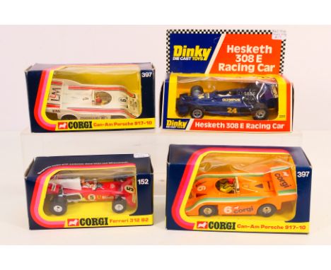 Corgi Toys - Dinky Toys - Four boxed diecast model racing cars. Lot consist of Corgi Toys #397 Can-Am Porsche 917-10 (x2 one 