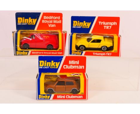 Dinky Toys - A boxed trio of Dinky Toys. Lot includes Dinky Toys #211 Triumph TR7 (yellow); #178 Mini Clubman; and #410 Bedfo