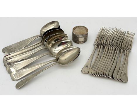 A set of fourteen Mappin and Webb N.S. spoons with George VI Royal cypher to handle, 17cm,&nbsp; also a set of thirteen forks