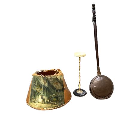 A copper bed warming pan, 118, also a lamp base with resin Chinese figures, and a decoupage lamps shade, (3)