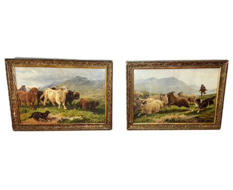 H GARLAND, lithograph prints, sheepherder and highland cows, 40 x 58 cm, in ornate gilt frames., (2).&nbsp;