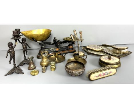 A set of J White &amp; Son of Auchtermuchty scales, weights, also candlesticks, bowl, toilet set, (A Lot).