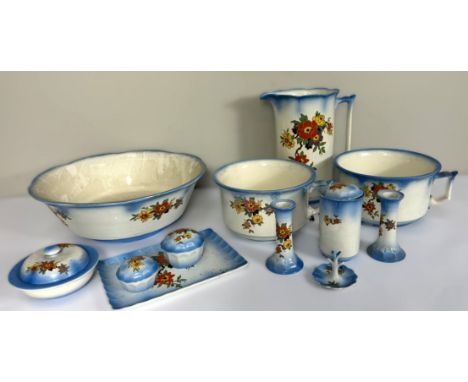 Quantity of vintage blue floral items, wash basin, jugs, (A Lot)