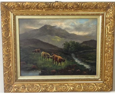 R GORDON, highland cows in valley, oils, signed, 44 x 60 cm, in ornate foliate gilt frames, (2).&nbsp;