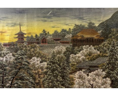 A Chinese silk panel of building in forest, paper label verso inscribed, "Pure Silk Chinese Tapestry, Hand Woven, Bought in C