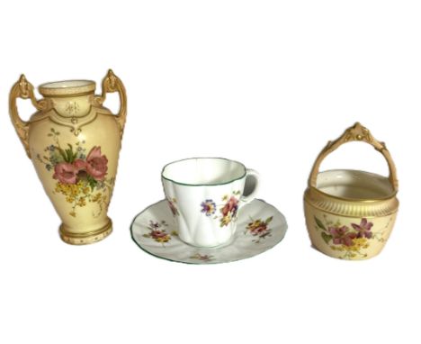 A Victorian Royal Worcester blush ivory basket, marked 1880 to base, 10 cm, a later vase and cup with saucer, (4).&nbsp;