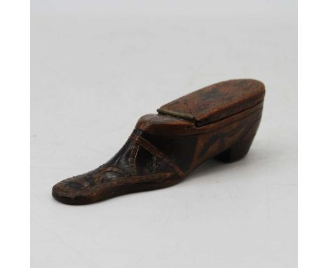 A 19th century carved walnut piquet work snuff box in the form of a shoe, length 12cm