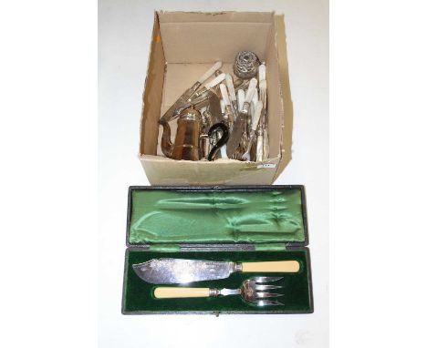 Various silver plated fish cutlery with mother of pearl handles, together with a silver plated coffee pot, and fish servers (