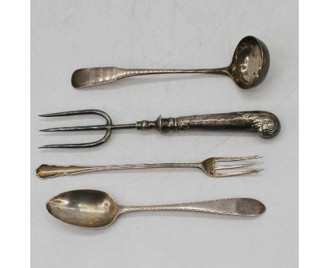 A George III Irish silver bright cut tablespoon, together with a silver ladle and silver pickle fork, and a silver plated toa