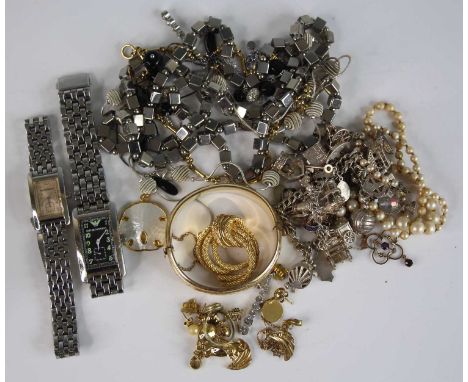 Assorted costume jewellery to include rolled gold hinged bangle, Emporio Armani quartz watch various chains etc 