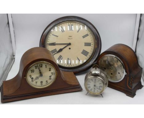 A Smiths 8-day dial clock, the dial showing Roman numerals, dia. 39cm together with three further 20th century clocks