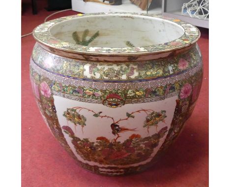 A large Chinese Canton goldfish bowl, enamel decorated with interior scenes, dia. 50cm