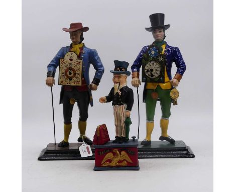A Dutch style figural metal mantel clock, in the form of a clock seller, height 37cm, together with another similar, and a no