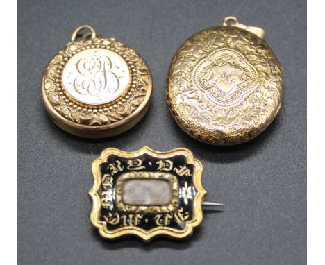 A Victorian yellow metal mourning brooch, annotated 'In memory' and centre set with a plait of hair; together with a Victoria