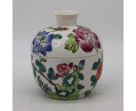A Chinese porcelain covered bowl, enamel decorated with flowers, height 13cm