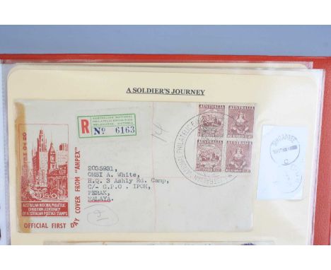 A large collection of postal history and ephemera, to include an album of First Day Covers titled "A Soldier's Journey" mostl