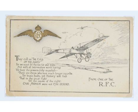 A collection of postcards to include WW I 1916 Royal Flying Corps with embossed gilt R.F.C. wing badge, produced by Birn Brot