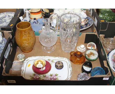 A box of glassware and ceramics, to include amber glass candlestick on a hexagonal base, and coloured glass paperweights 