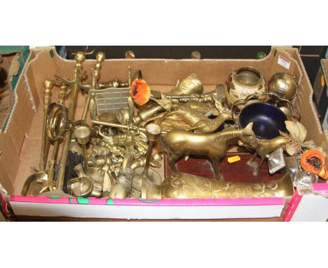 A box of metalware, to include fire tools and vases