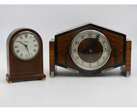 An Art Deco walnut cased 8-day mantel clock, height 22cm, together with a further mahogany cased mantel clock, height 21cm