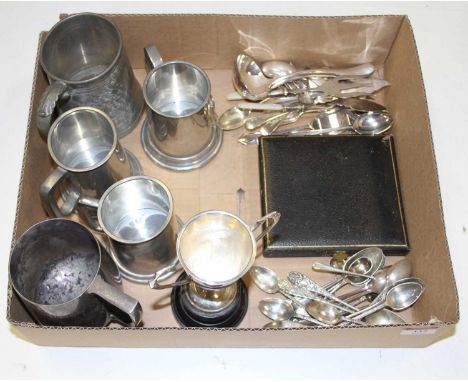 A box of silver plated cutlery to include apostle spoons and fish cutlery, together with a silver plated trophy cup and pewte