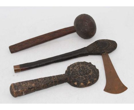 A carved wooden knobkerry, length 28cm, together with a tribal carved wooden axe, and a tribal carved softwood sceptre