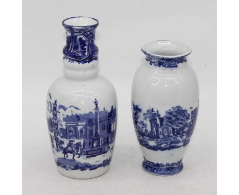 A Victorian blue &amp; white transfer decorated vase, decorated with a city scene, height 25cm, together with another similar