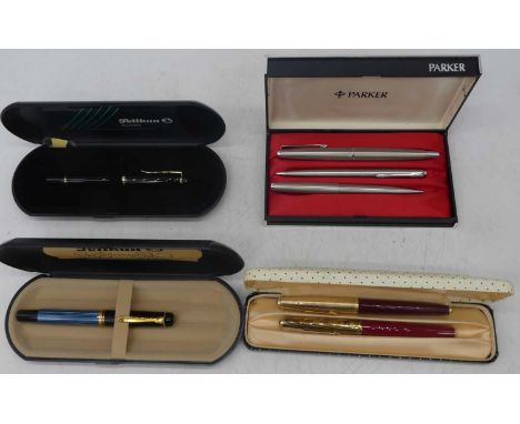 A Parker fountain ballpoint pen and pencil set, together with various other pens to include Pelikan examples and accessories