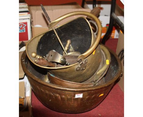 Metalware to include a large Victorian jam pan, dia.51cm, two copper coal scuttles and fire tools 