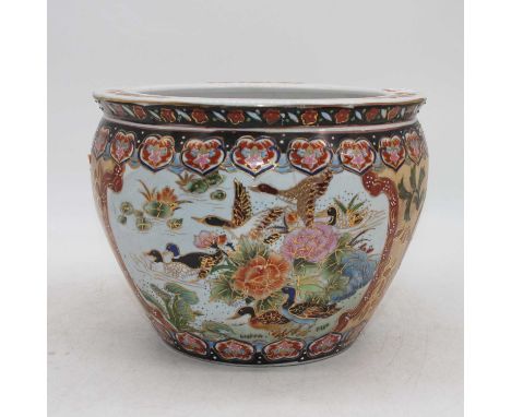 A Chinese porcelain goldfish bowl, enamel decorated with birds, dia, 27cm