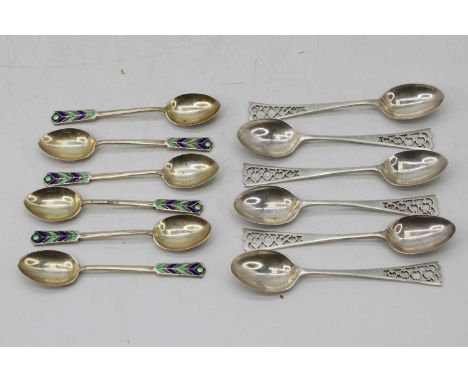 A set of six Art Deco silver teaspoons, each having blue and green enamel terminal, Birmingham 1931, maker Turner &amp; Simps