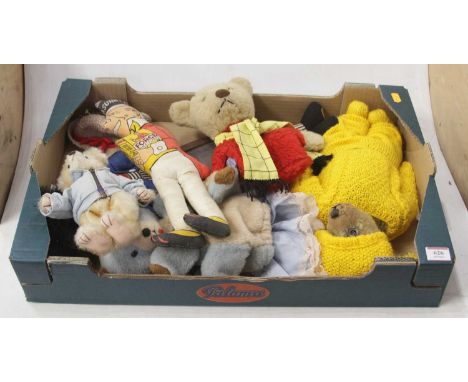 A collection of children's soft toys, to include Burbank Toys Rupert the Bear hand puppet, Sunny Jim Wheatflakes advertising 