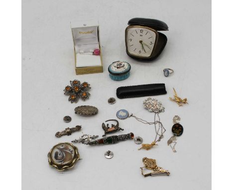 A collection of silver and costume jewellery to include brooches and ladies wrist watch, together with an enamel patch box an