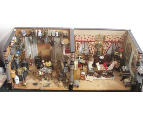 An antique German dolls house/room circa 1890, the first being a kitchen with stove and various pots and pans, the second bei