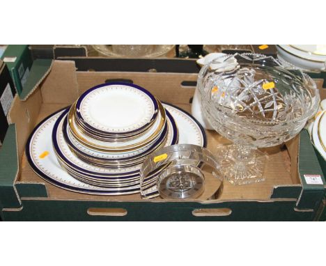 A box of Aynsley Leighton  dinnerwares to include a meat plate, together with a Dartington Crystal mantel clock, and a cut gl