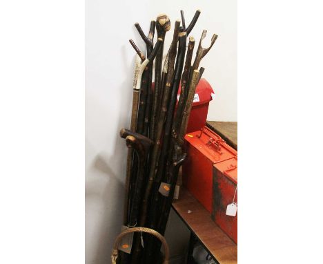 A collection of various sticks, to include antler handled thumb sticks, blackthorn walking stick etc, contained in a wicker b