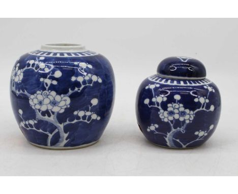 A Chinese blue &amp; white ginger jar, in the prunus pattern, height 11cm, together with another similar (2)