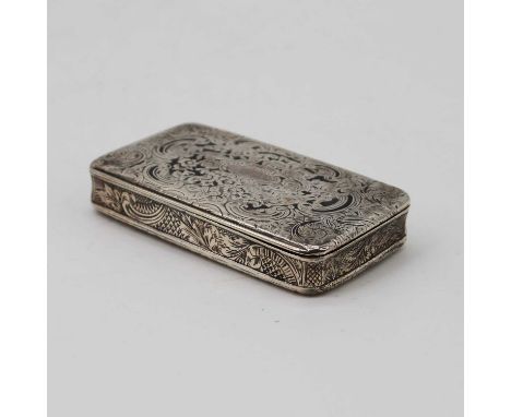 A 19th century white metal snuff box of rectangular form and C-scrolling decoration, 2.1oz troy