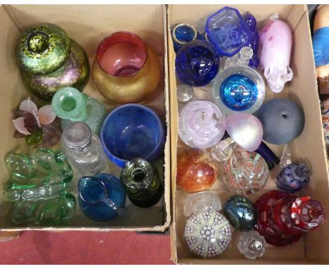 Two boxes of coloured glassware to include a PMCD millefiore glass paperweight and a ruby overlaid glass decanter